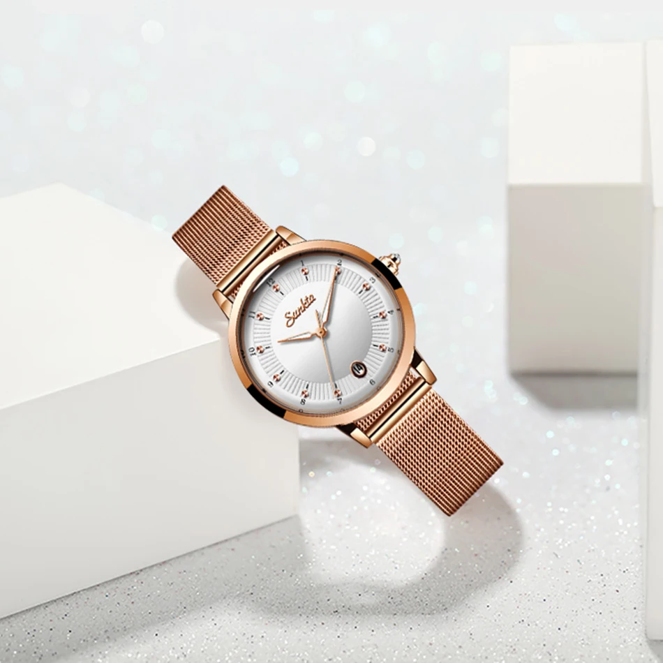 Sunkta Womens Watches Top Brand luxury Analog Quartz Watch Women Mesh Stainless Steel Date Clock Fashion Ultra-thin Dial+Box