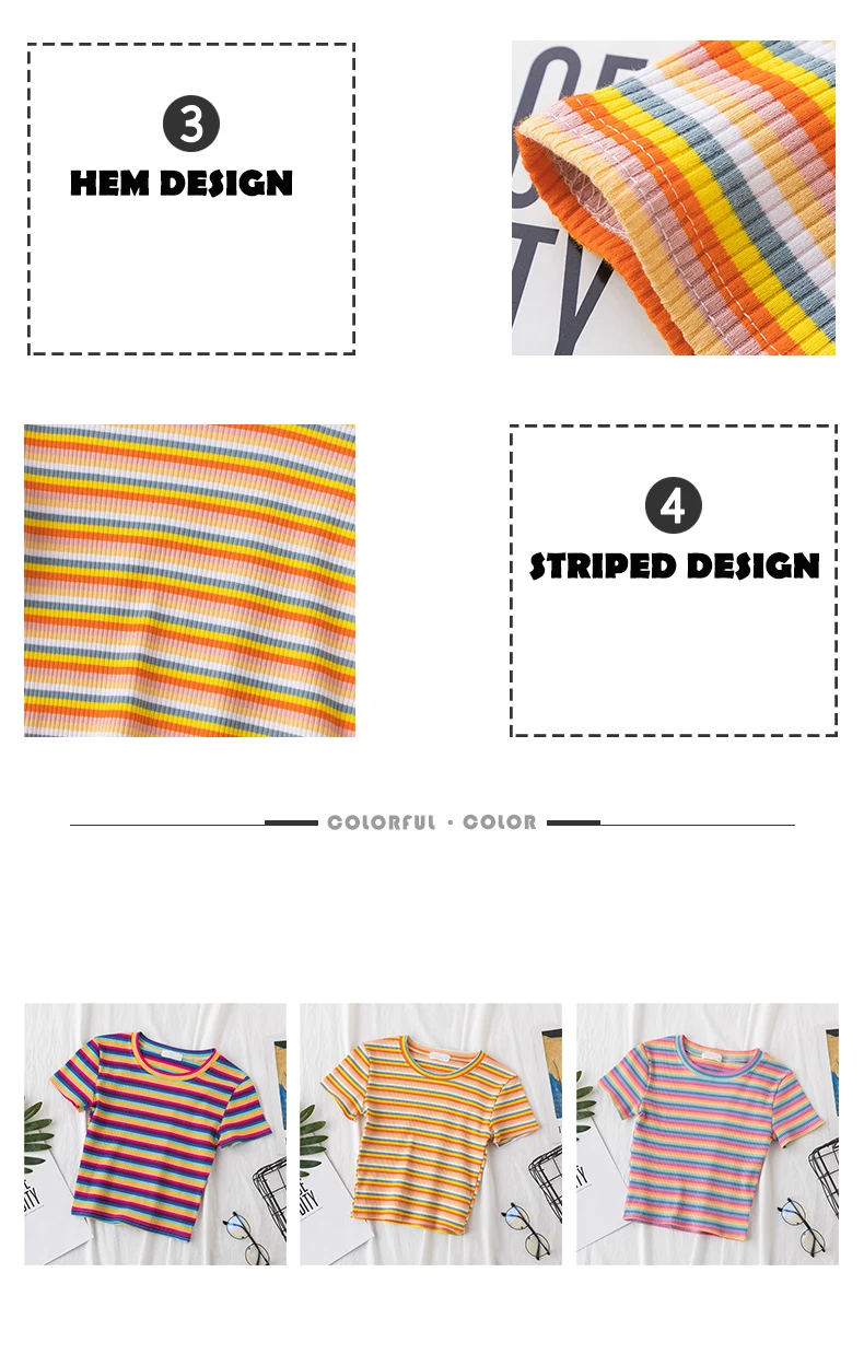 T-Shirt Women cotton Rainbow Striped Tops Harajuku Tshirt Summer Short Sleeve Navel Skinny stitching Korean Punk crop top woman