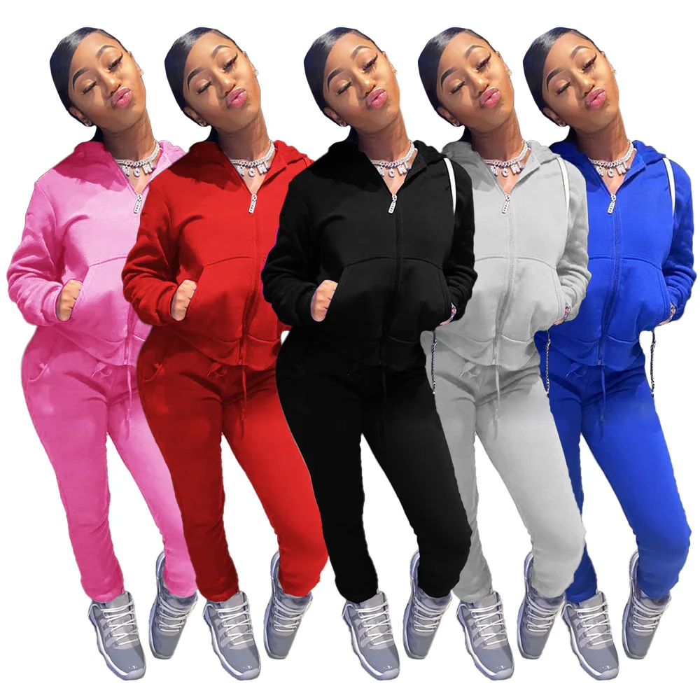 

Active Wear Women Fitness Tracksuit Pockets Hooded Long Sleeve Workout Hoody and Bodycon Jogger Pant Solid Stretchy 2 Piece Set
