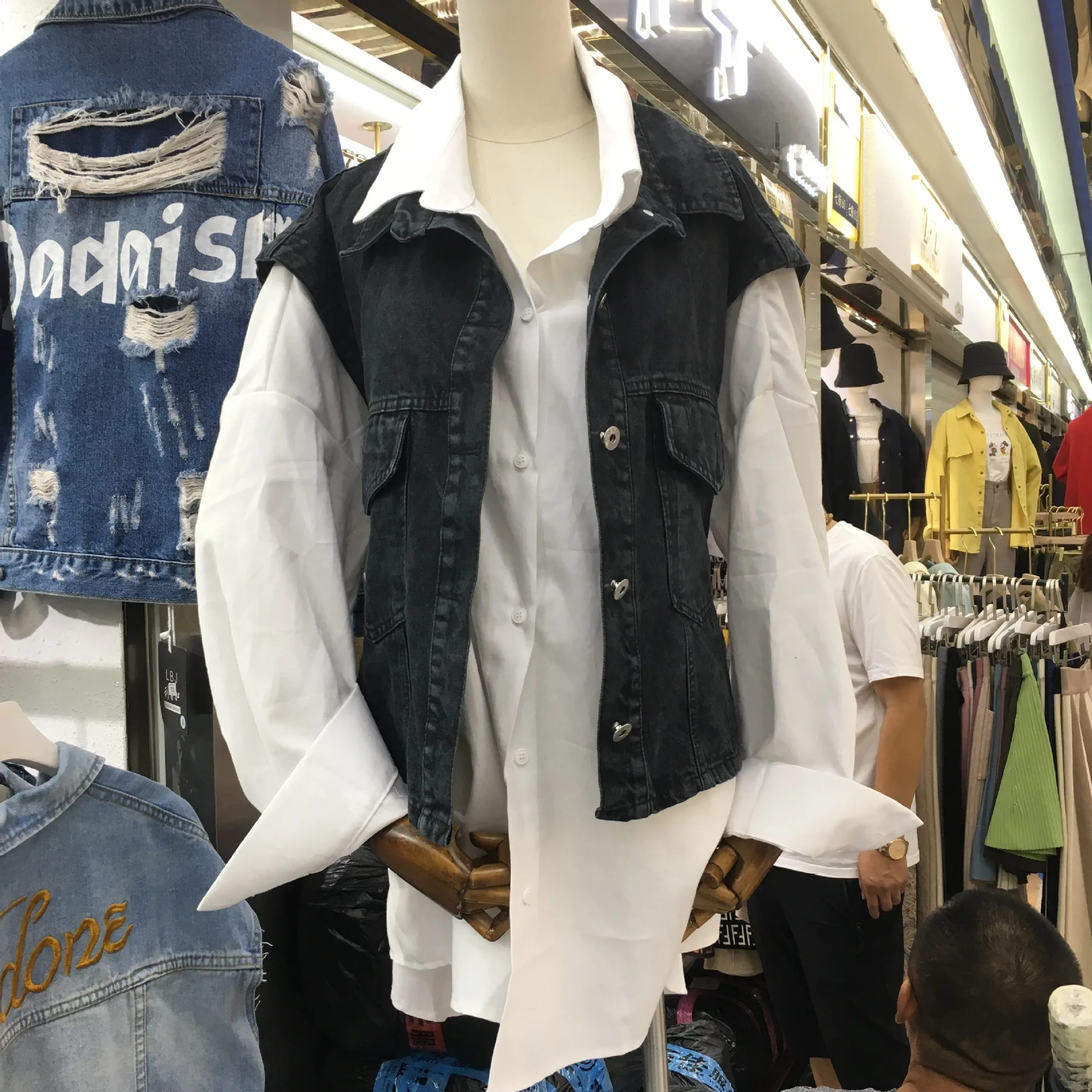 

2019 Autumn New Style Korean-style White Shirt Joint Denim Waistcoat Mock Two-Piece Loose-Fit BF Trench Coat Jeans Coat Women's