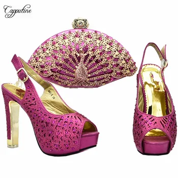 

Luxury fuchsia with crystal stones high heel evening shoes and purse handbag set for lady XY12, heel height 12cm