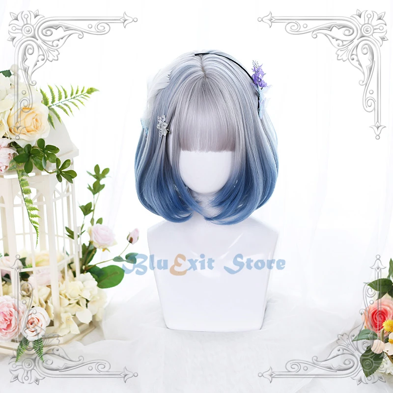 Gradient Blue Pink Lolita Wig Harajuku Fairy Cosplay Bangs Curly Short Sweet Fringe Synthetic Hair for Adult Girls |
