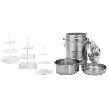 

1 Pcs 1.4L Stainless Steel Insulated Bento Lunch Box & 3 Set 3 Tier White Round, Square, Flower Cake Stand