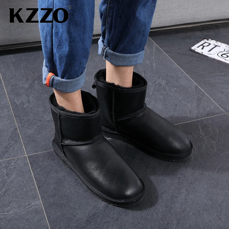 KZZO Australian Classic Waterproof Ankle Men Snow Boots Genuine Leather Natural Wool Lined Winter Warm Non-slip Short Boots