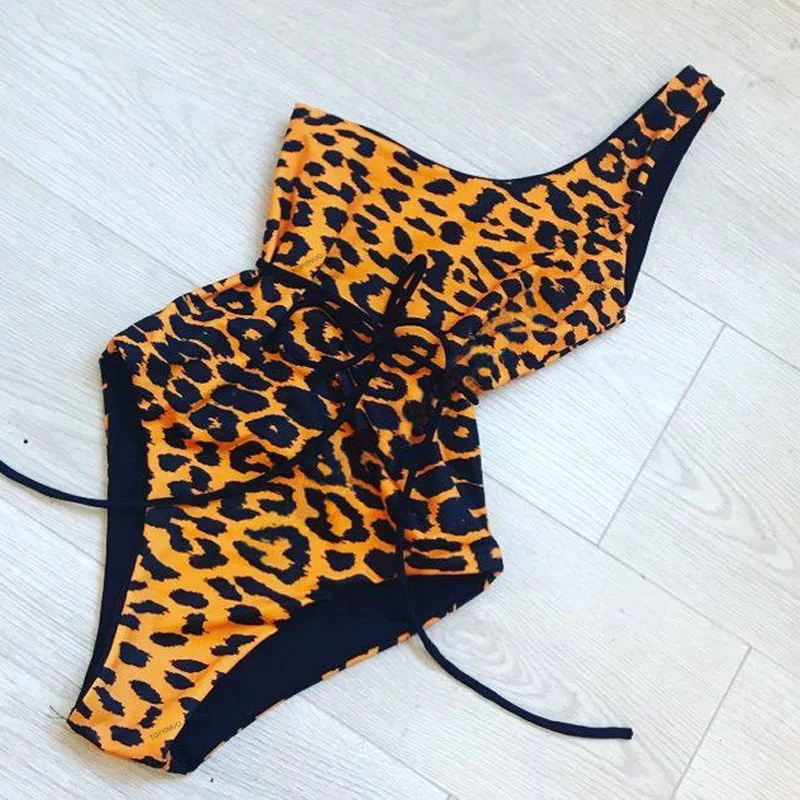 

INGAGA One Shoulder One Piece Swimsuit Leopard Swimwear Women High Cut Bathing Suit Women Belted Swimsuits 2019 Bodysuit
