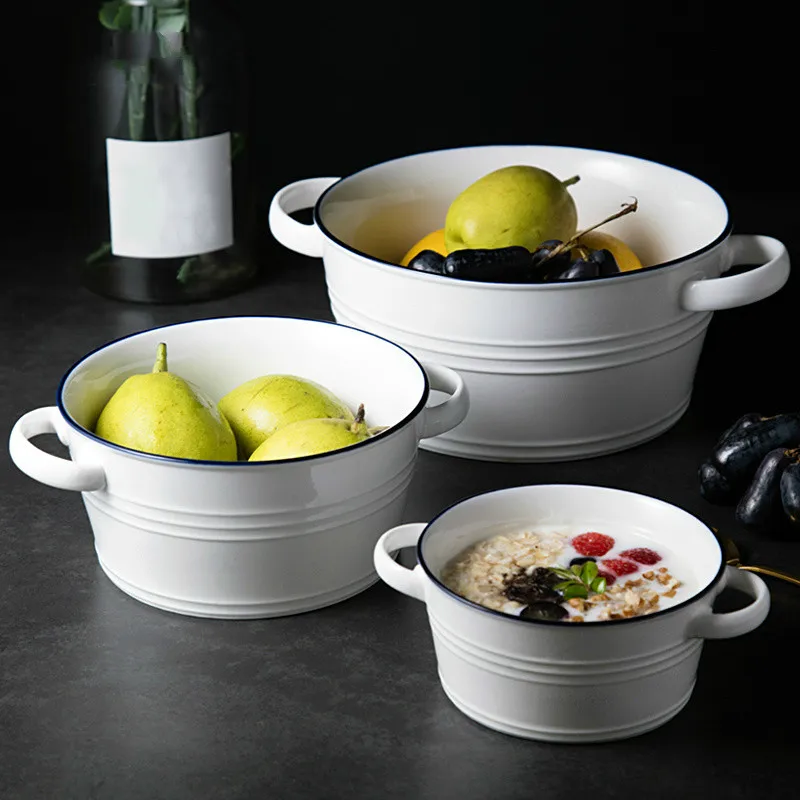 Modern Simplicity Double eared Handle Round Ceramic Soup Tureen High Capacity Porcelain Serving