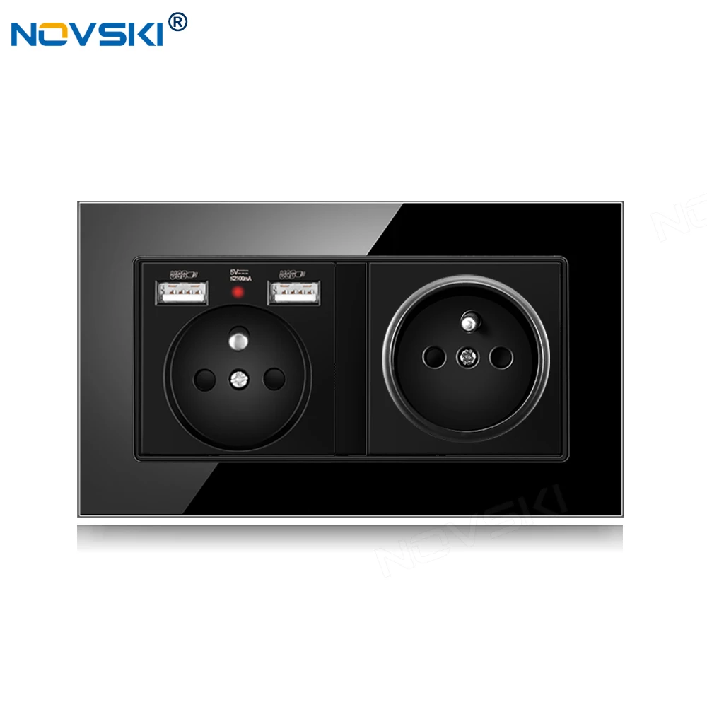 

146 EU Standard DIY Switch Socket Double Frame, French Outlet 2 Frame, 2.1A Dual USB Charging Port, German Bayer Base, Black