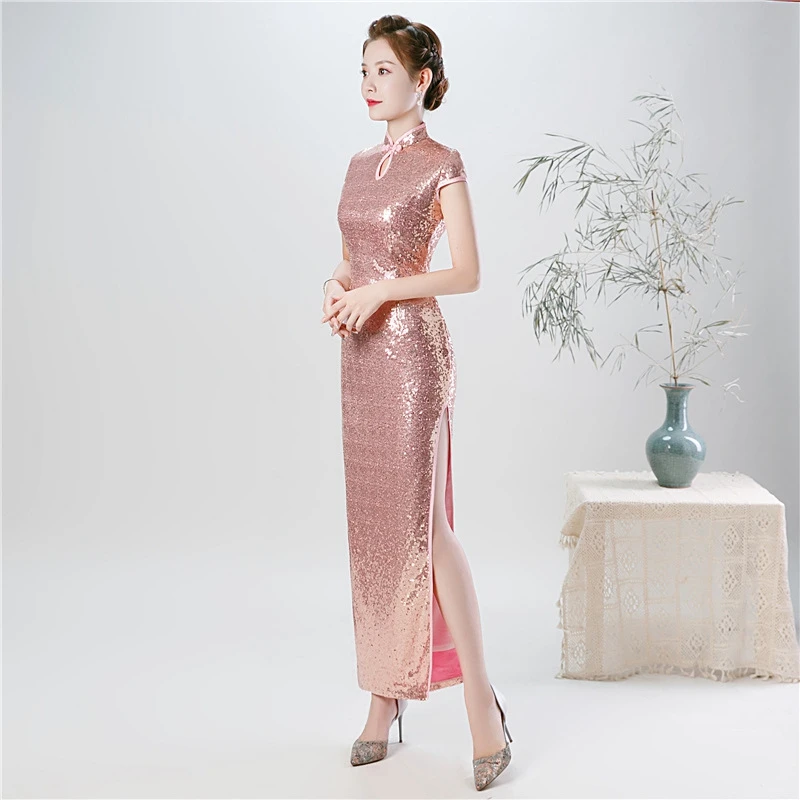 Большой размер улучшенный cheongsam 5XL Осень розовый блесток мода cheongsam женский этикет Подиум представление cheongsam