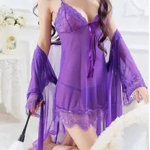 Сексуальная пижама для девочек; сезон весна-осень; тонкая прозрачная кружевная ночная рубашка; Комплект из трех предметов