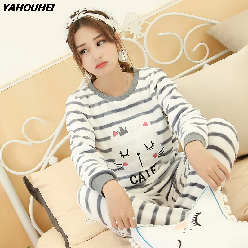 

Thick Warm Flannel Pajama Sets Casual Striped Homewear For Women 2020 Winter Coral Velvet Pyjama Girls Cute Cartoon Cat Clothing