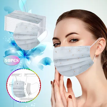 

50pc Net Yarn Flowers Printing Facemask Four-layer Adult Mouth Mask Disposable Protective Masks Elastic Earloop Mascarilla