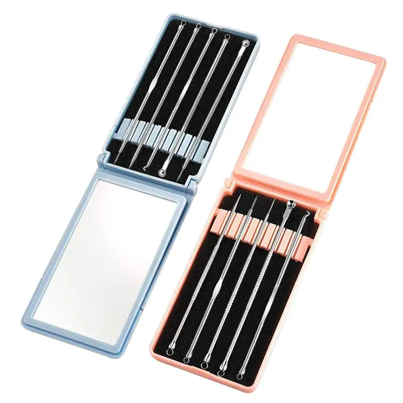 

5pcs Carbon Steel Comedone Remover Tools Pimple Kit Face Skin Care Accessories With Mirror For Home Salon(Random Color)