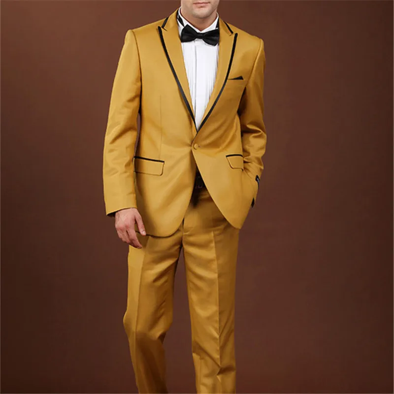 

Custom Made Gold Men Suits Formal Prom Suits Vintage Groomsmen Wedding Tuxedos Black Mens Daily Wear suit(Jacket+Pants)