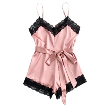 Женское белье с кружевной отделкой, сатиновый костюм, элегантный праздничный повседневный комбинезон, мини-костюм на поясе, женская пижама