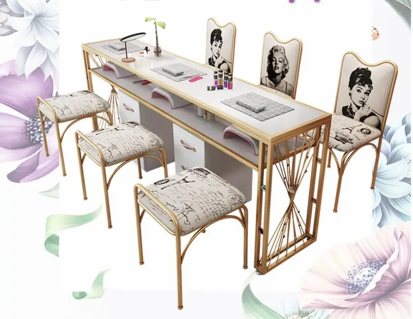 Ins gold marble manicure table and chair single double table manicure table manicure shop table and chair set