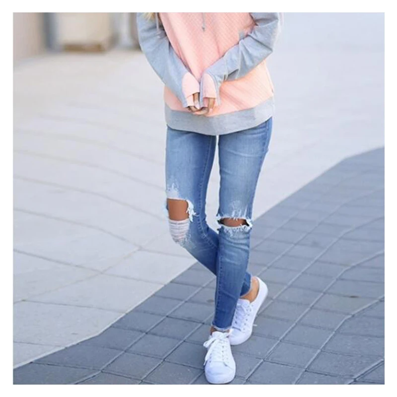

High Waist Stretch Knees Distressed Skinny Women's Ripped Casual Jeans Hot Daily Ventila Style Wholesale Fringed Slim Pants