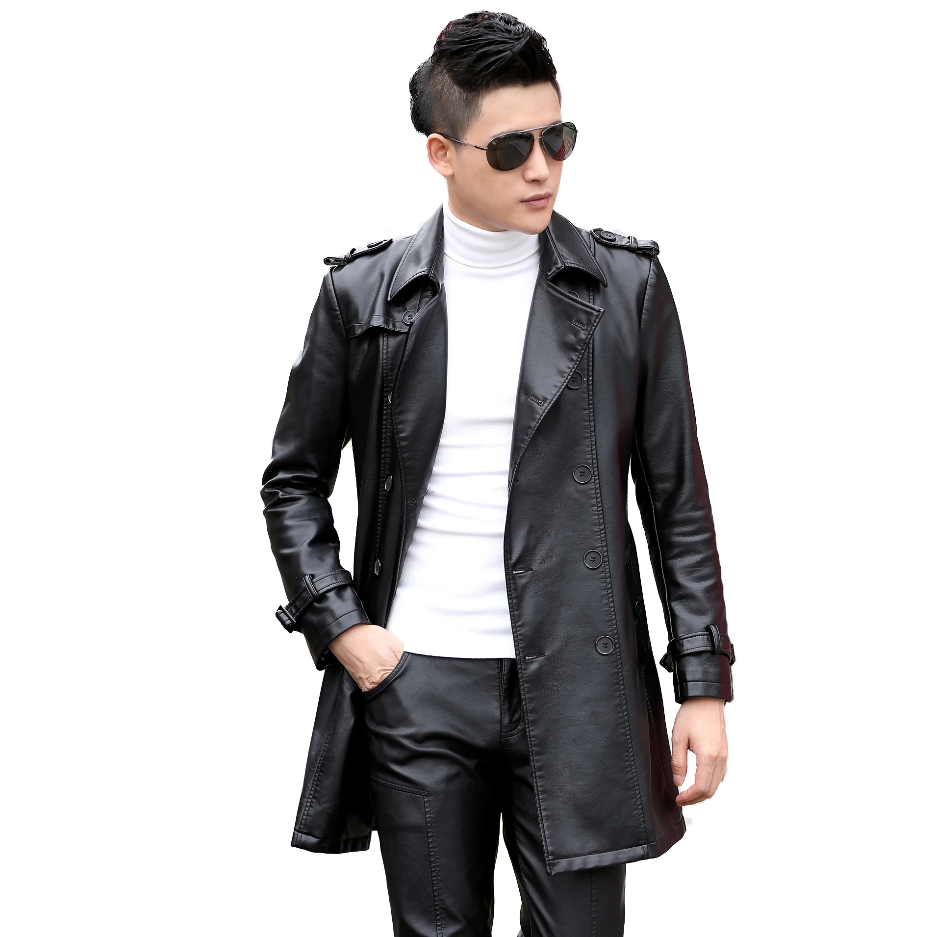 

SWREDMI 5XL Fashion Medium-Long Trench Men New Spring Autumn Slim Fit Casual Leather Jackets Male Clothing Fashion Leather Coat