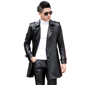 

SWREDMI 5XL Fashion Medium-Long Trench Men New Spring Autumn Slim Fit Casual Leather Jackets Male Clothing Fashion Leather Coat