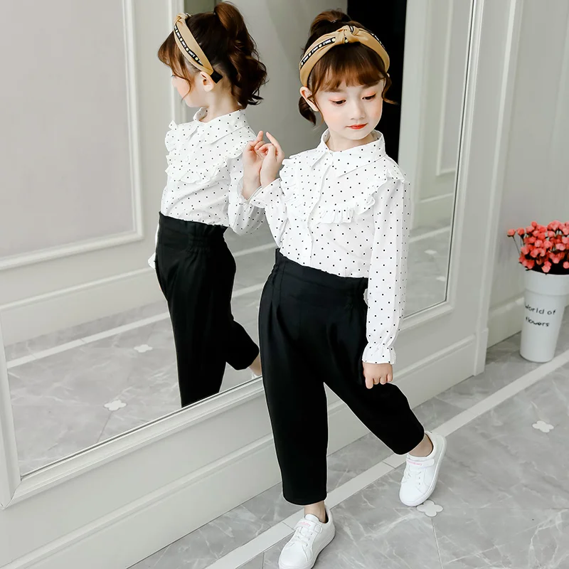 Loose Girls Blouses Cotton Long Sleeve Dot Print Kids Shirts Cute Preppy Style Girls Clothes Tops Vestidos for 6 8 10 12 Years