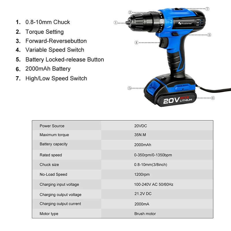 Аккумуляторная ударная дрель PROSTORMER 20 в 2000 мАч с литиевой батареей, аккумуляторная отвертка 35 нм с номинальным крутящим моментом, электрическая дрель