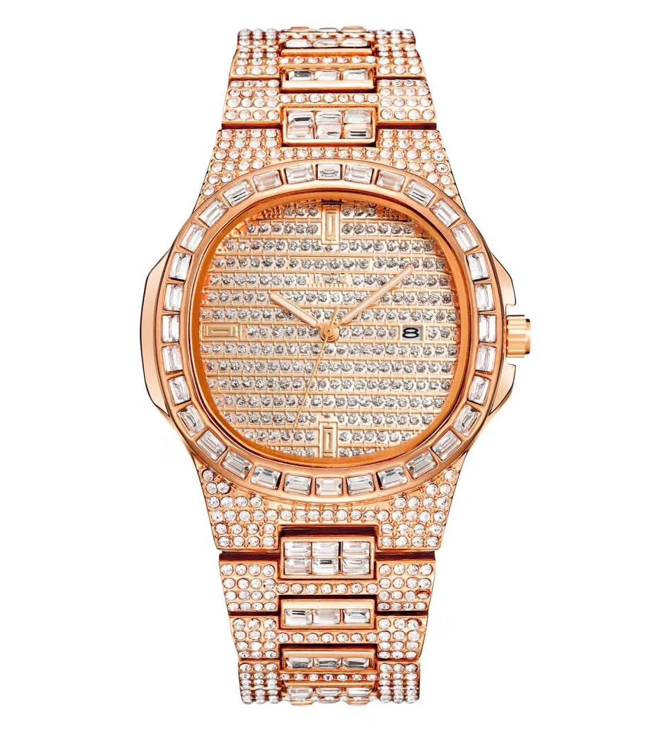 Для мужчин кварцевые часы от топ бренда класса люкс Бизнес Спорт с японским кварцевым механизмом, мужские наручные часы полный льдом из розового золота алмазов мужской часы