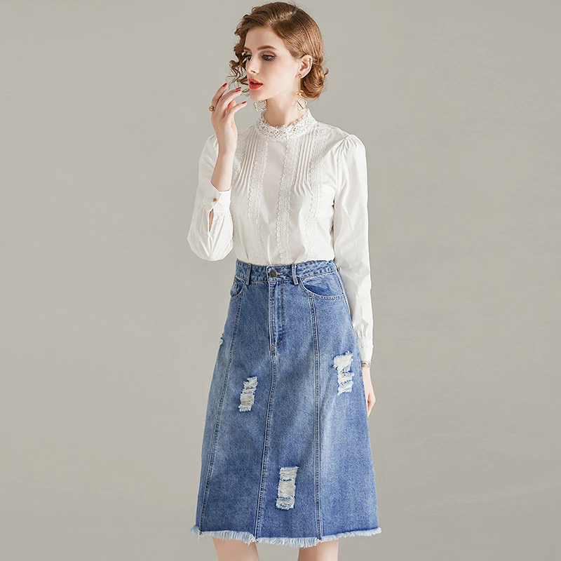 denim skirt and long sleeve top