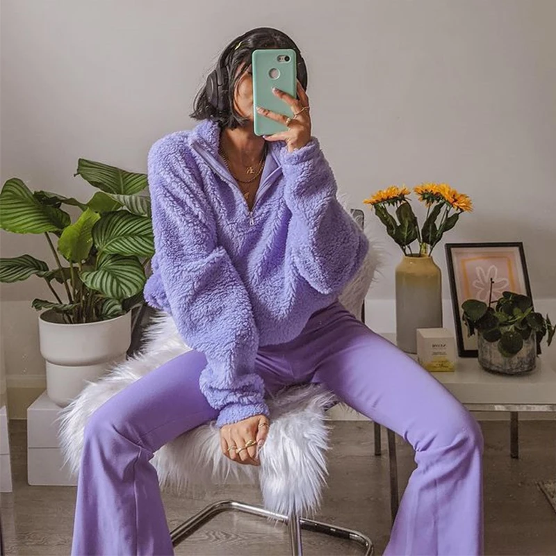 

Purple Y2k Kawaii Sweatshirt For Girls Winter Furry Turtleneck Zip Up Pullover Woman 2020 Harajuku Female Long Sleeve Sweat Tops