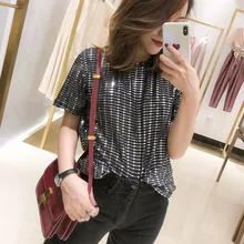 Футболка с блестками женская с коротким рукавом женская сексуальная женская футболка с круглым вырезом Женская Черная футболка в стиле панк для