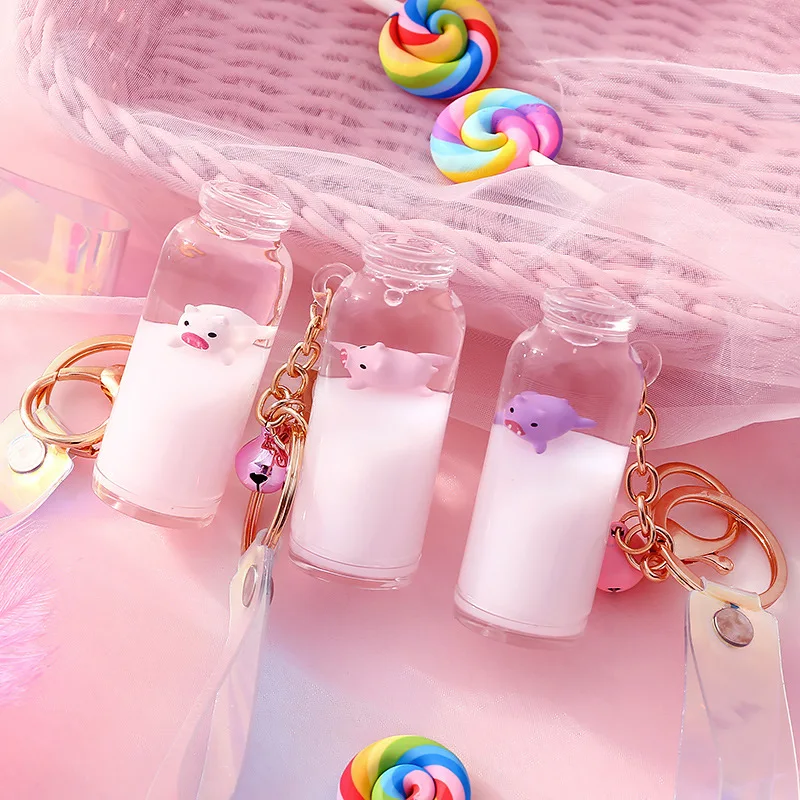 

R0025 Online Celebrity Little Pig Milk Keychain Pendant GIRL'S Heart Cute Hipster Creative Key Ring Chain