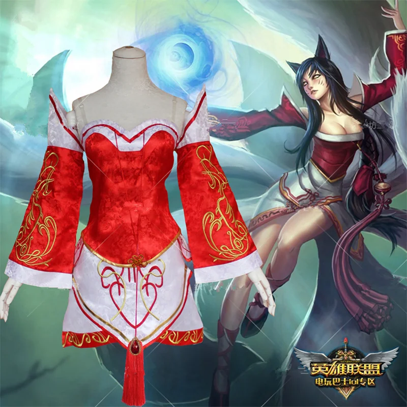 Косплей костюмы LOL fox Ahri девять хвостов лиса красное платье женские взрослые топы