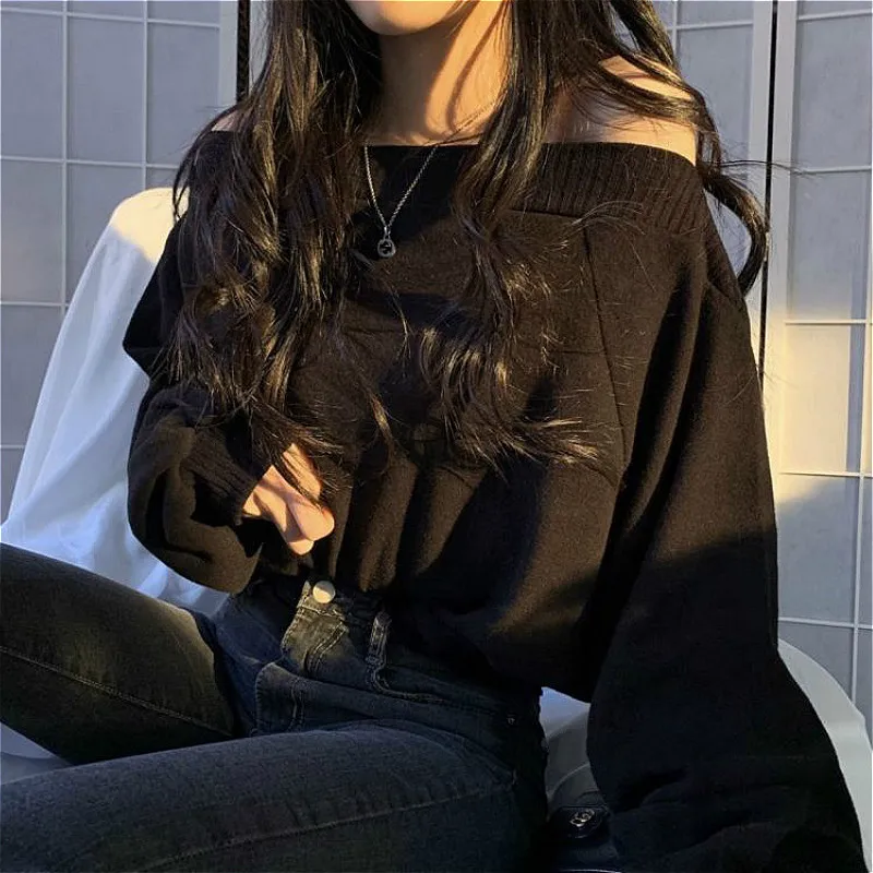 브이넥풀오버 2023 가을 겨울 여성용 빈티지 프린트 니트웨어 점퍼, 턴다운 칼라, 루즈한 긴팔 니트 풀오버, 대비 색상 8 여성용 스웨터, 스트릿, 루즈, 영국, 캐주얼, 긴팔, 여성 풀오버, 신상 슬래시 넥, 블랙 패션, 학생