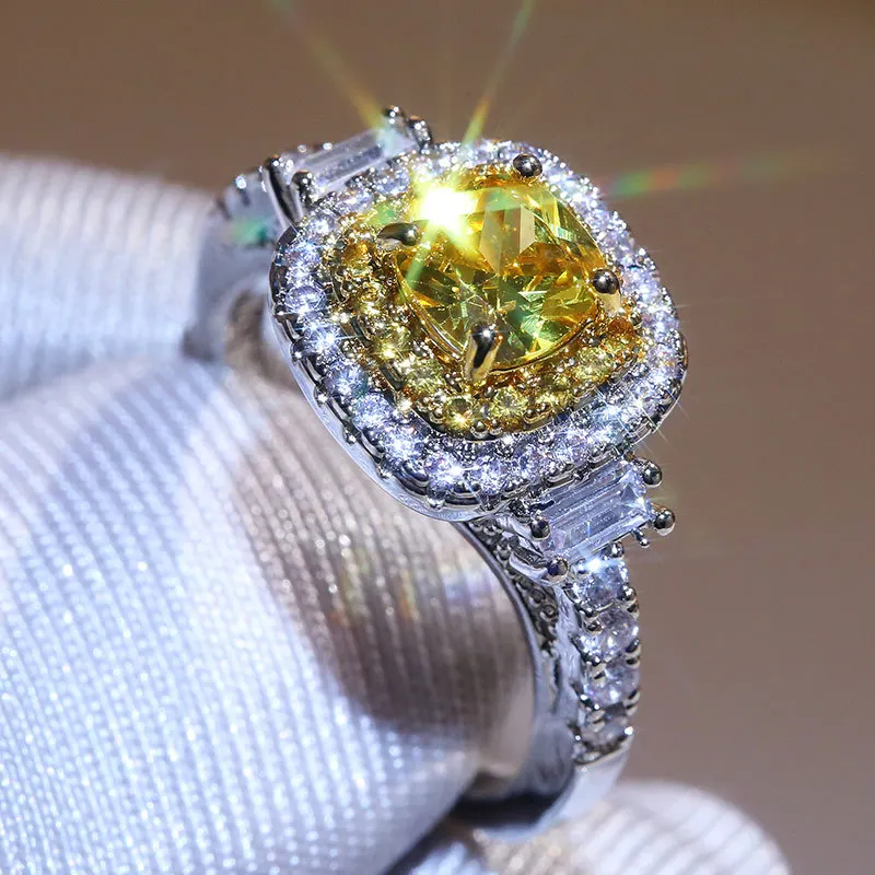 

Fashion luxury ladies crystal CZ stone ring Boho silver white square yellow zircon 6mm ring engagement ring ladies party jewelry
