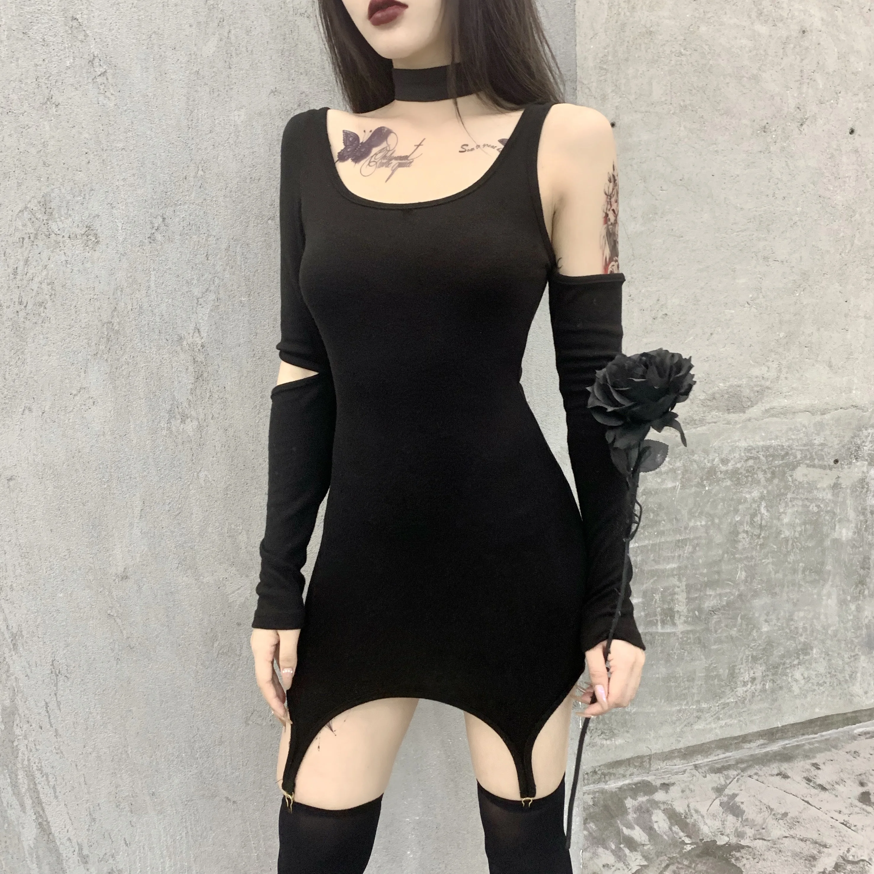 InsGoth Gothic Punk Sexy Hollow Out Black Dress Harajuku Bodycon High Waist Mini Dress Women Party Night Club Wear Outfit Dress
