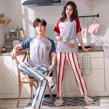 

Brand Couple Soft Cotton Pajamas Pyjamas Set Men Women Short Sleeve Sleepwear Pijama Suit 2PC Set Loungewear Plus Size