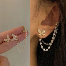 

Korean Elegant Cute Rhinestone Butterfly Stud Earrings For Women Girls Fashion Metal Chain Boucle D'oreille Jewelry Gifts