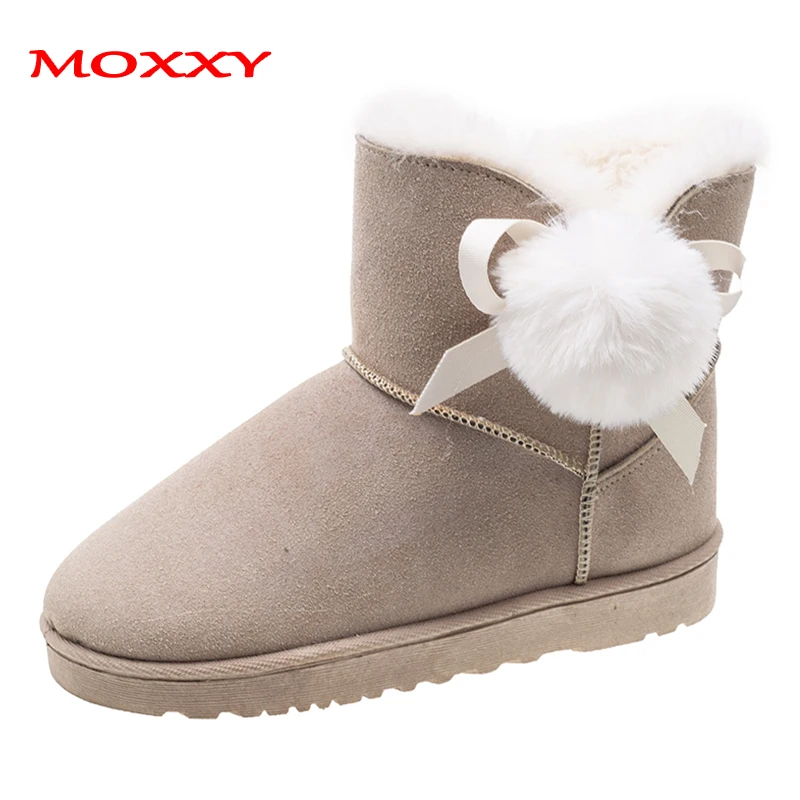 

2019 New Suede Snow Boots Women Shoes Bow Fur Ball Warm Plush Winter Boots Platfrom Flat Black Beige Boots Slip OnShoes Woman