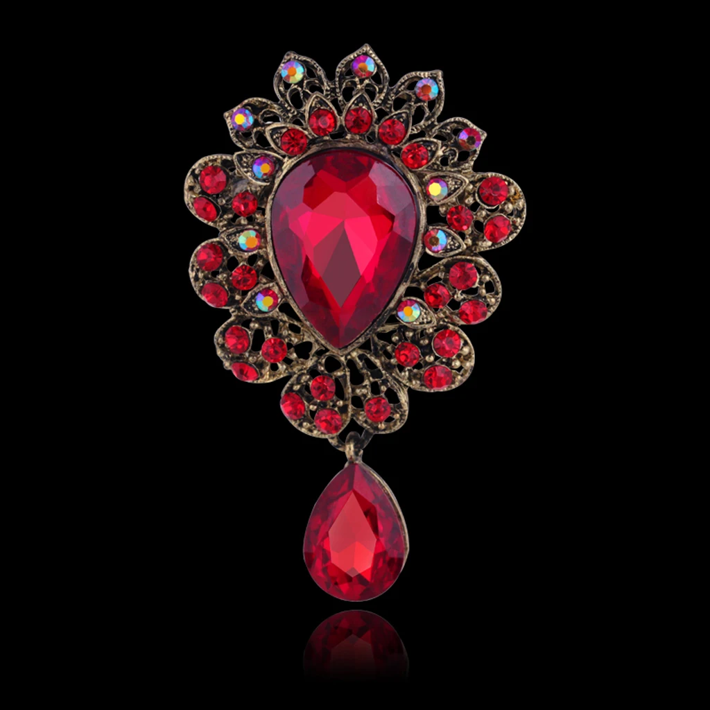 Wedding Bouquet Dangle Teardrop Red Crystal Rhinestone Brooch Pin Broach