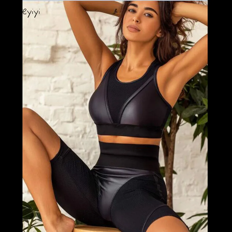 

Sport Clothing Women Hips Push Up Yoga Sports Suit Pu Mesh Patchwork Two Piece Set Slim High Waist Leggings and Bras Sports Sets