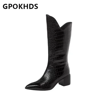 

GPOKHDS 2021 women Mid-Calf boots winter short plush Pointed Toe Crocodile Grain High heels female Western boots size 39