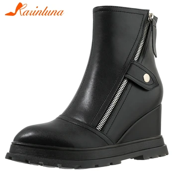 

Karinluna 2020 Big Size 39 women shoes Genuine Leather Round Toe Metal Decoration Ankle Female Flat with Boots