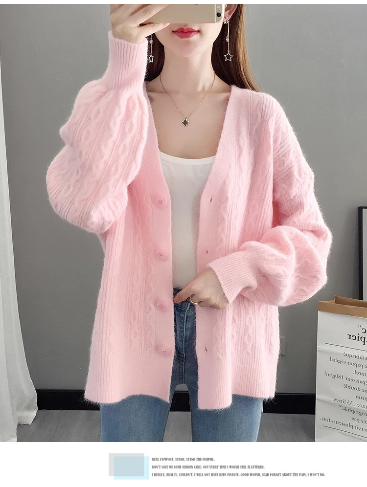 Витой свитер пальто Женский вязаный кардиган Белый свободный корейский свитер размера плюс кашемировый плотный длинный рукав куртка V568