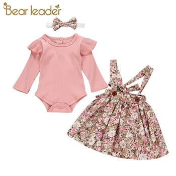 

Bear Leader Baby Girls Casual Clothing Sets 3PCS Pure Cotton Fly Sleeve Romper + Floral Print Suspender Dress Suits + Hairband