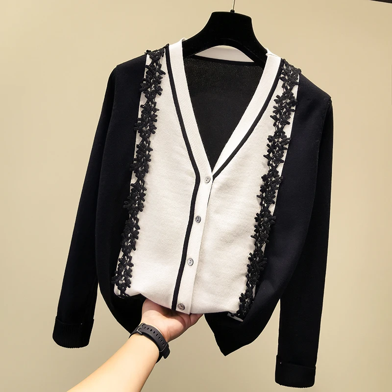 Autumn Women V-neck Lace Cardigan patchwork lace knit Sweaters jacket |