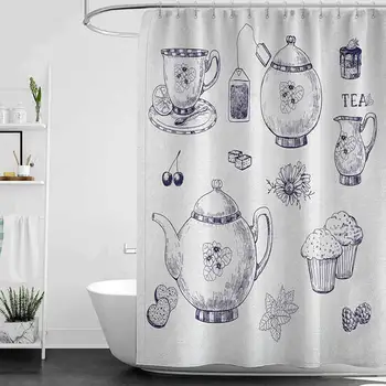 

hengshu Blue and White Hotel Quality Polyester Shower Curtain Hand Drawn Teapots and Cups Muffins and Bags Vintage English