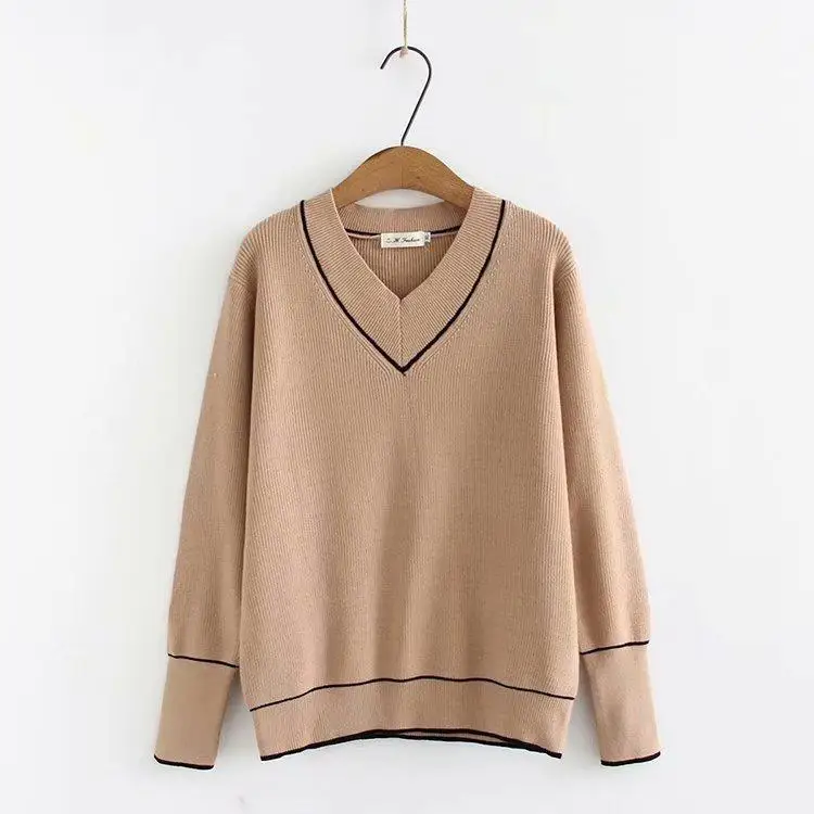 Хаки Большие размеры, XL-3XL, осенне-зимний женский свитер, Свободный пуловер с длинными рукавами, трикотажные топы в полоску - Цвет: Хаки