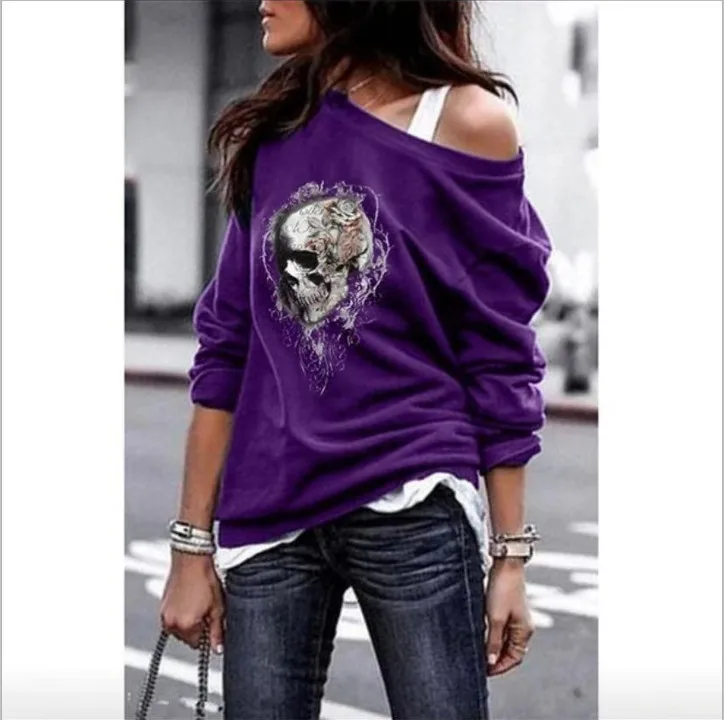 WEPBEL, весна-осень, Женские кофты с длинным рукавом в стиле панк, пуловер с принтом черепа, на одно плечо, футболка с готическим рисунком, топы, S-5XL, 5 цветов - Цвет: Purple