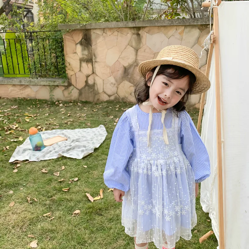 Spring New Arrival Korean style cotton striped matching flowers mesh princess long sleeve dress for cute sweet baby girls | Детская