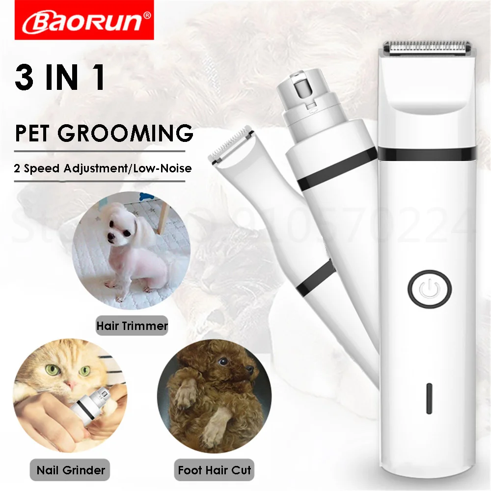 BaoRun 3 IN 1 Low Noise Dog Cat Hair Trimmer Paw Nail Grinder Pets Clippers Foot Cutter Grooming Machine USB Pet Supply | Дом и сад