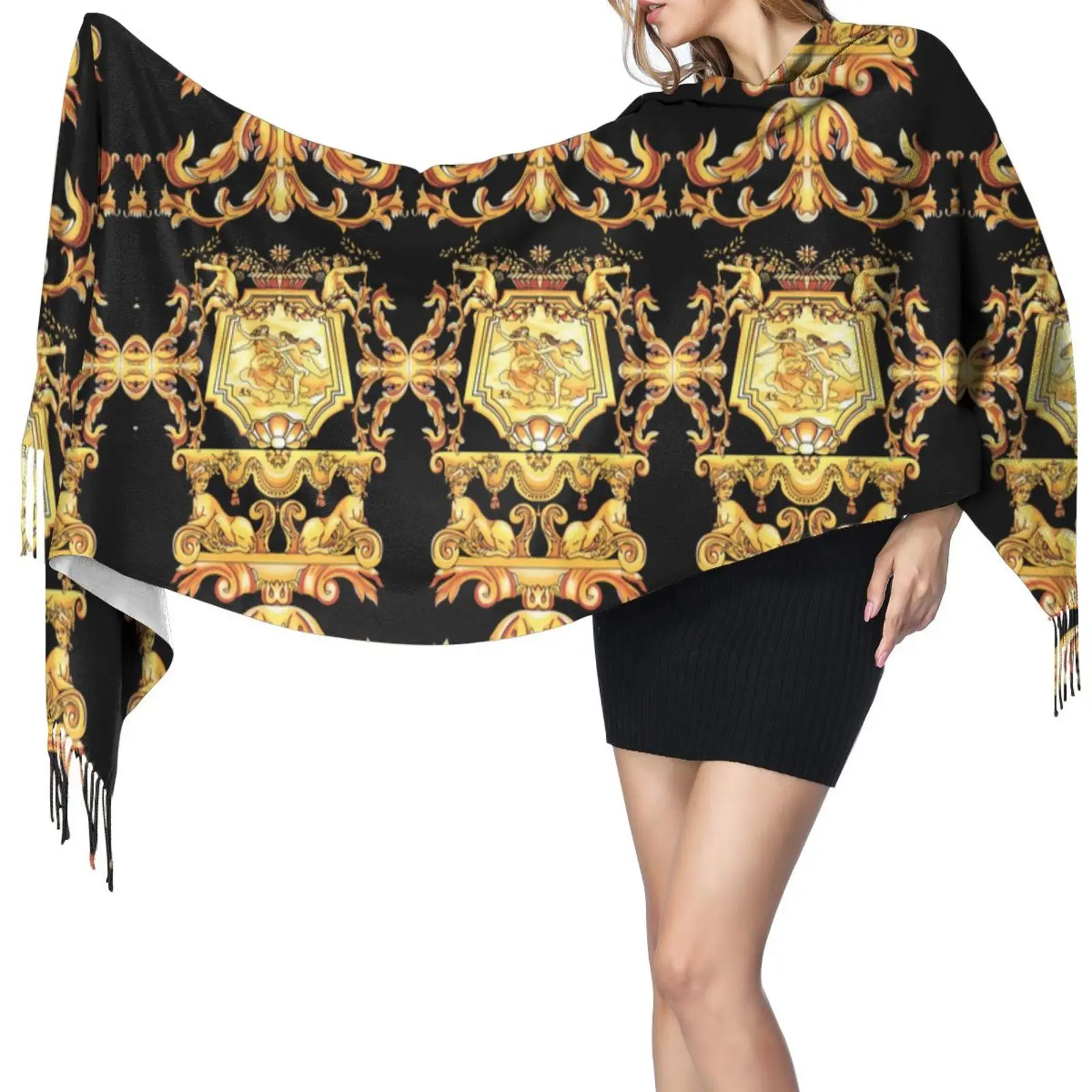 

NOISYDESIGNS Golden Vintage Luxury European Pattern Autumn Warm Cashmere Scarves Long Tassels Women Wrap Shawl Ladies Pashmina