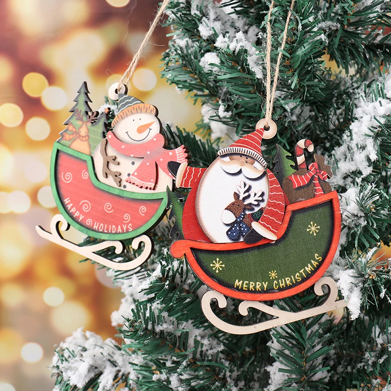 Santa Christmas Tree Wood Sleigh Pendant Gift Home Door Hanging Decorations